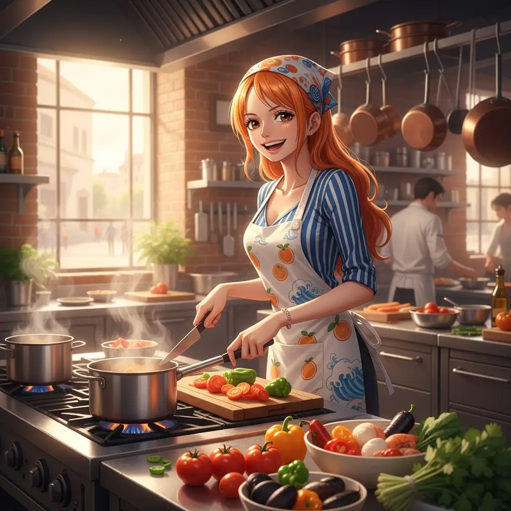 Nami happily cooking a meal in a vibrant kitchen.