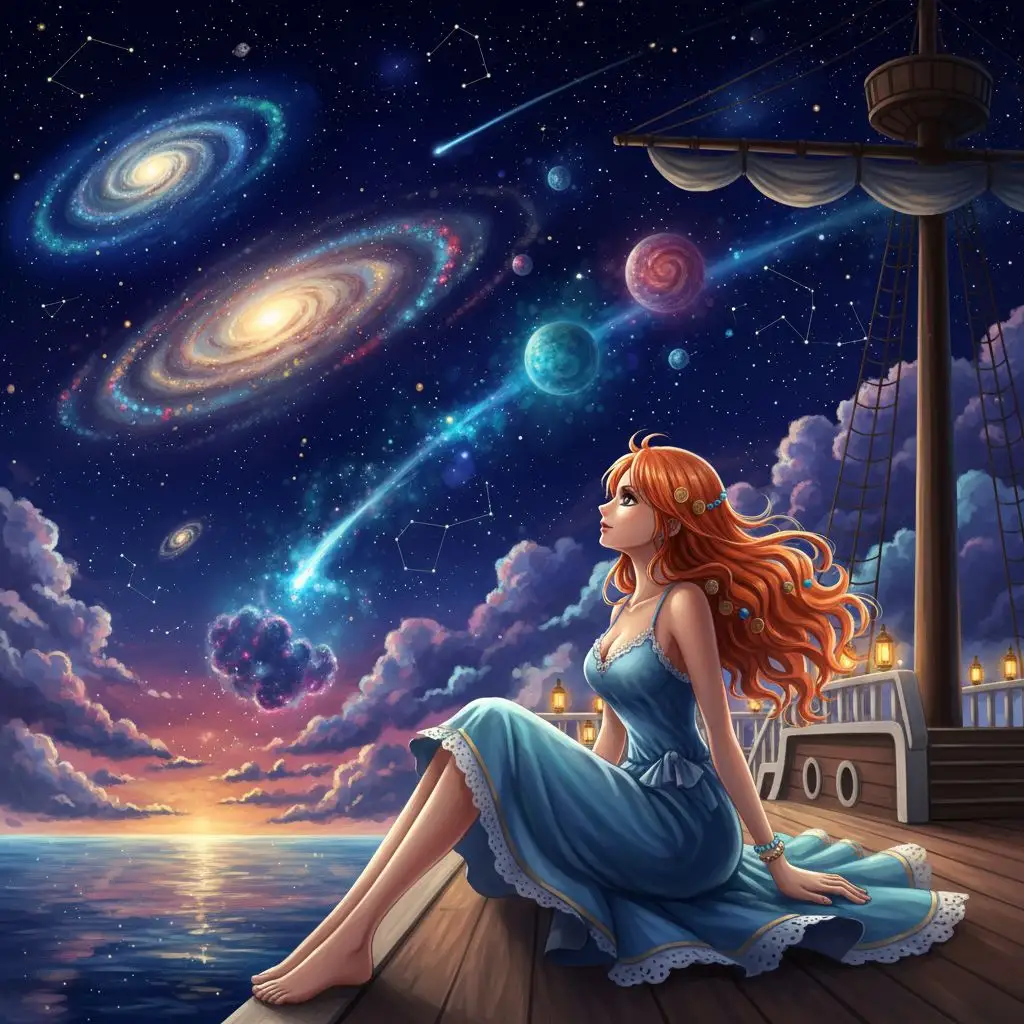 Nami stargazing on the deck of the Thousand Sunny under a cosmic sky.