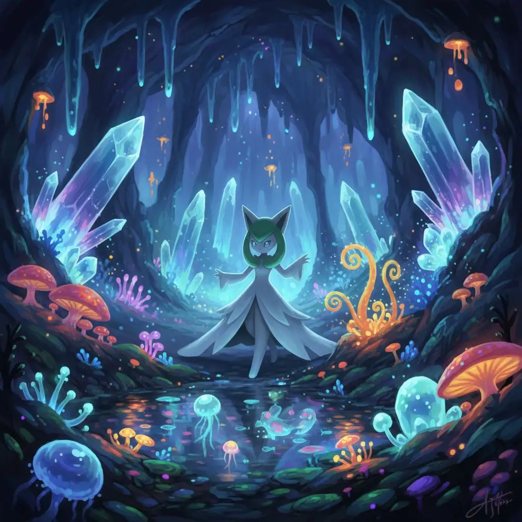 Gardevoir exploring an alien bioluminescent cave, unique Gardevoir art.
