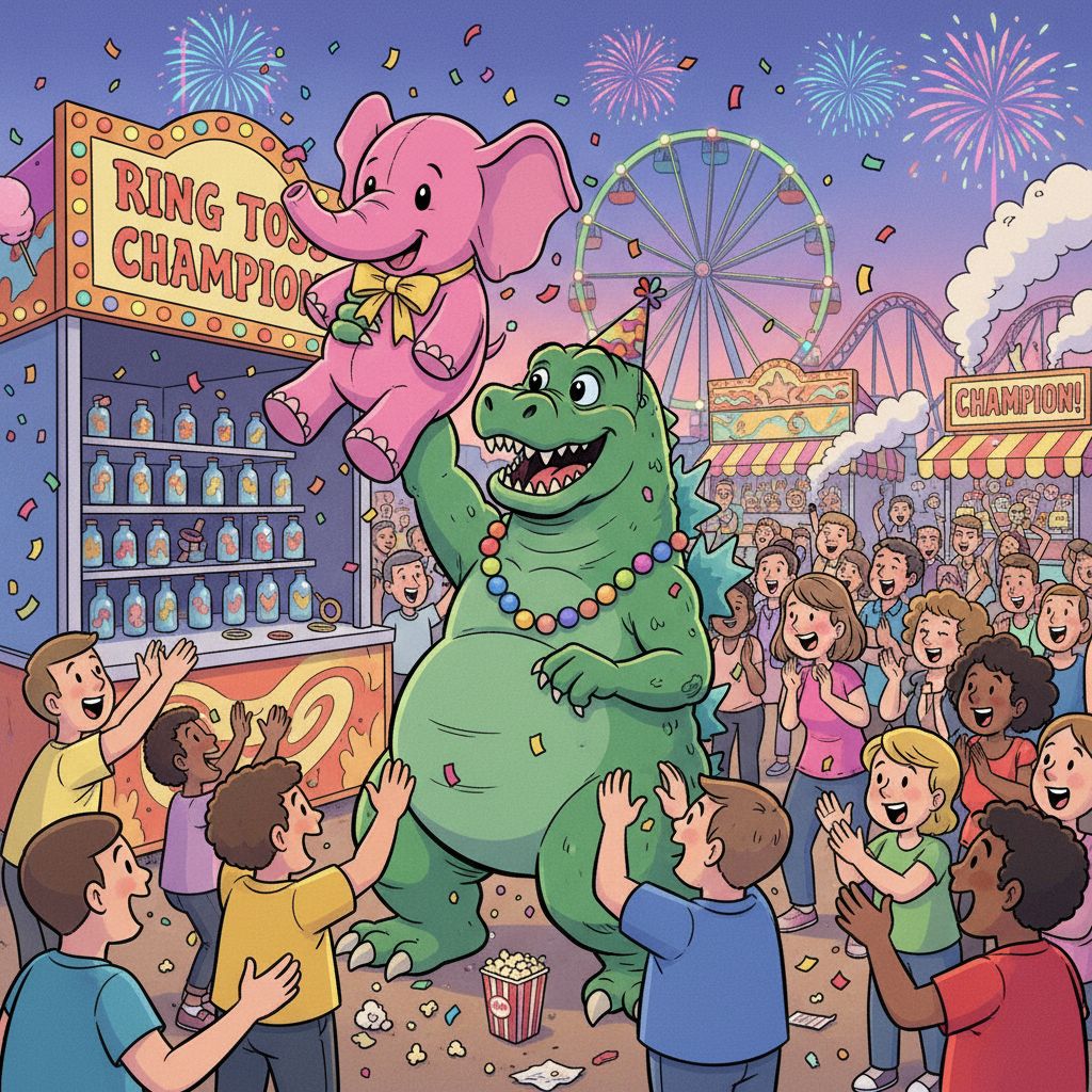 Cheerful Godzilla winning a stuffed animal at a bustling carnival ring toss game.