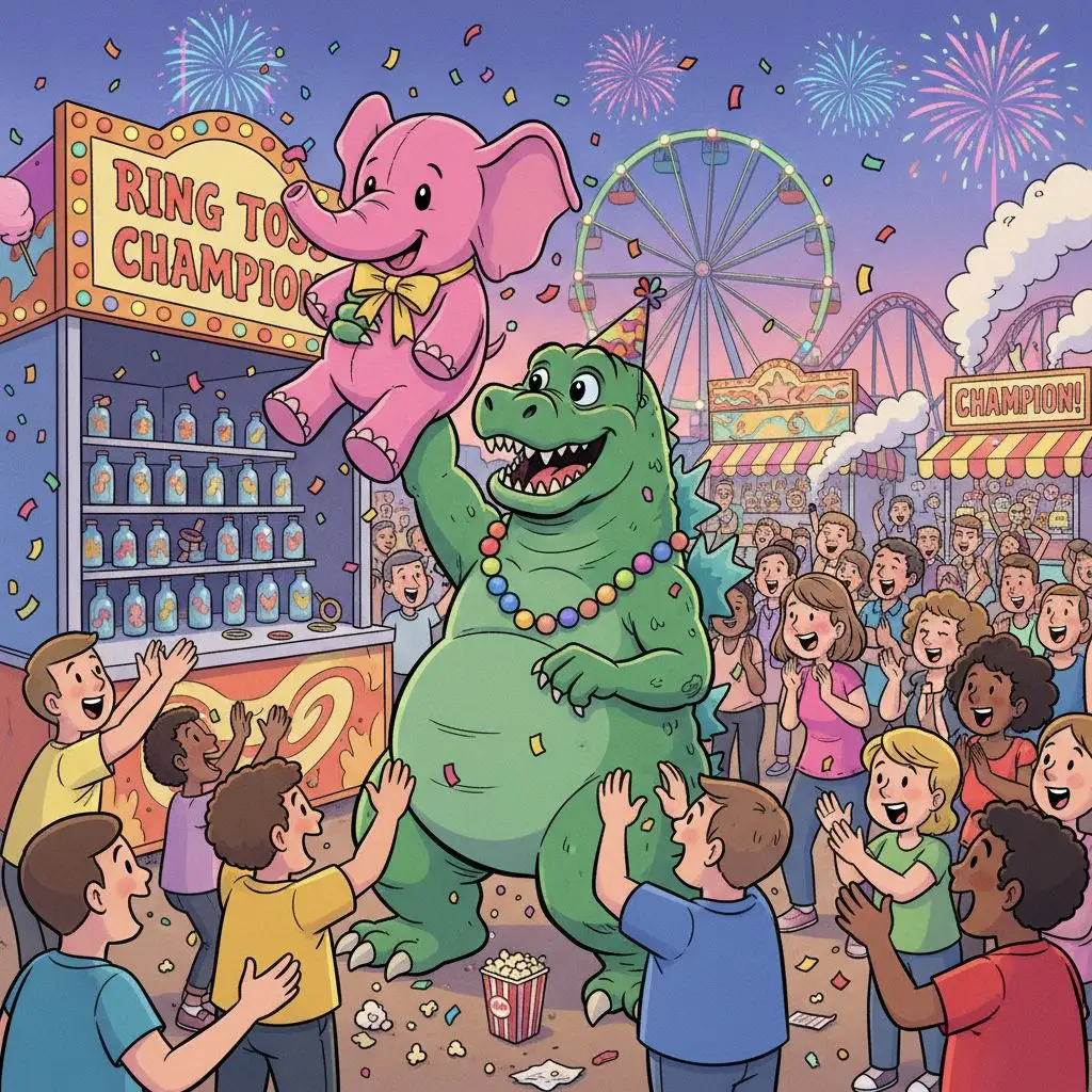 Cheerful Godzilla winning a stuffed animal at a bustling carnival ring toss game.