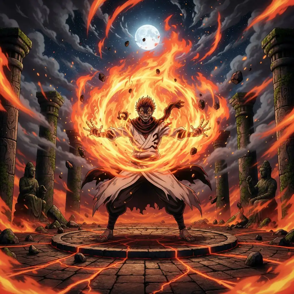 Sukuna unleashing fire powers in an ancient temple, destructive might, cinematic anime style.