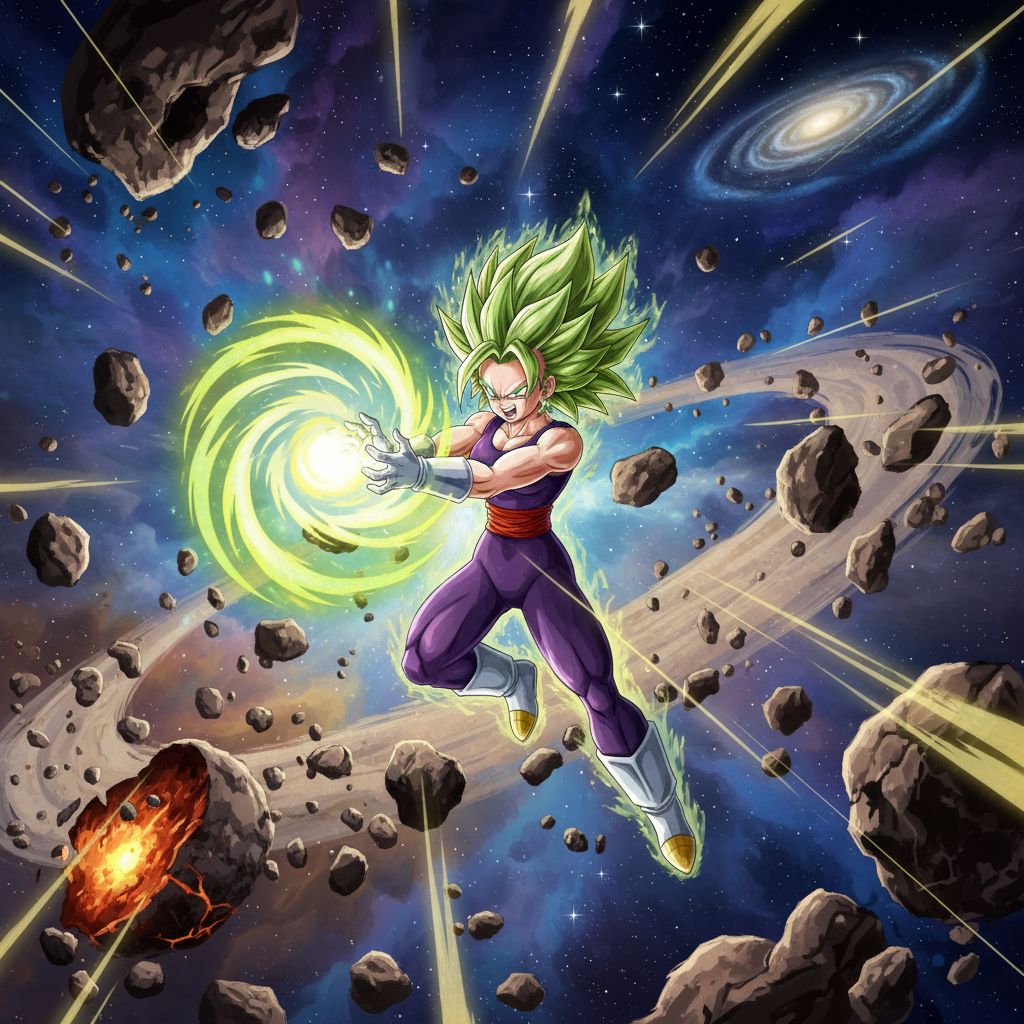 Kefla launching an energy blast in outer space with planet debris.