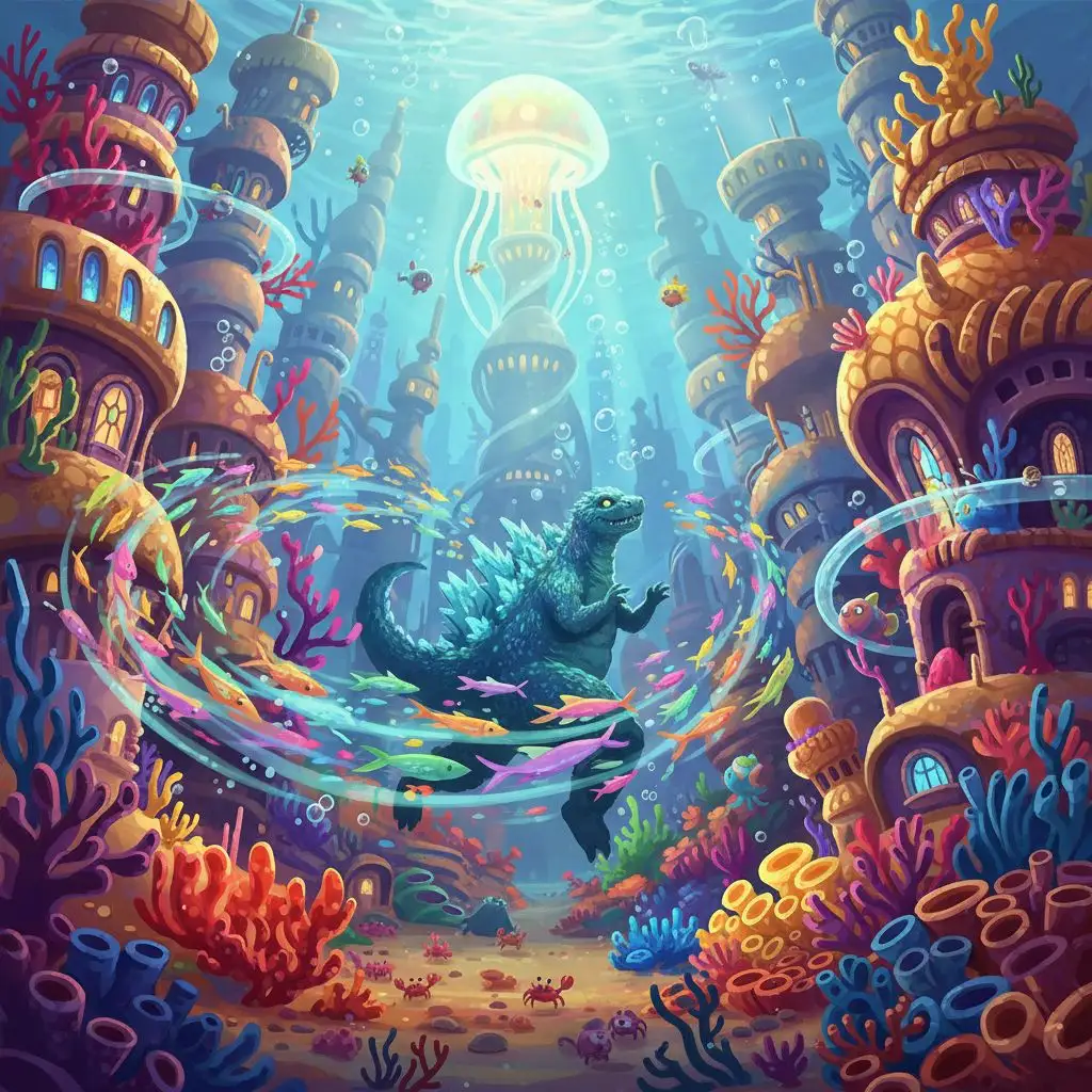 Playful Godzilla chasing fish in a vibrant underwater city, animated style.