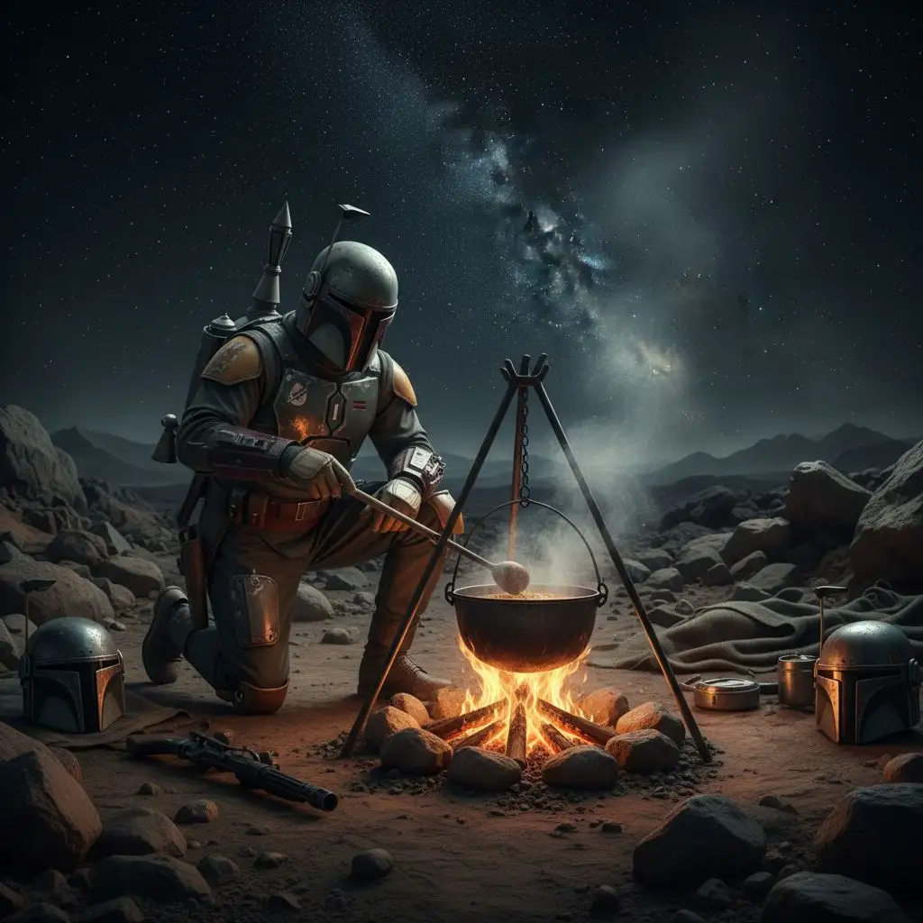 Boba Fett cooking over a campfire on a rocky planet.