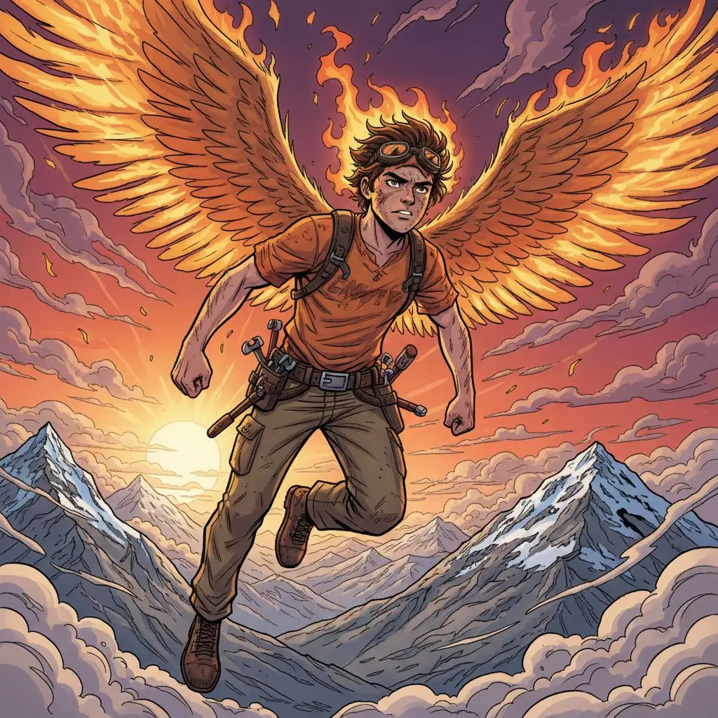 Leo Valdez flying with fire wings over mountains.