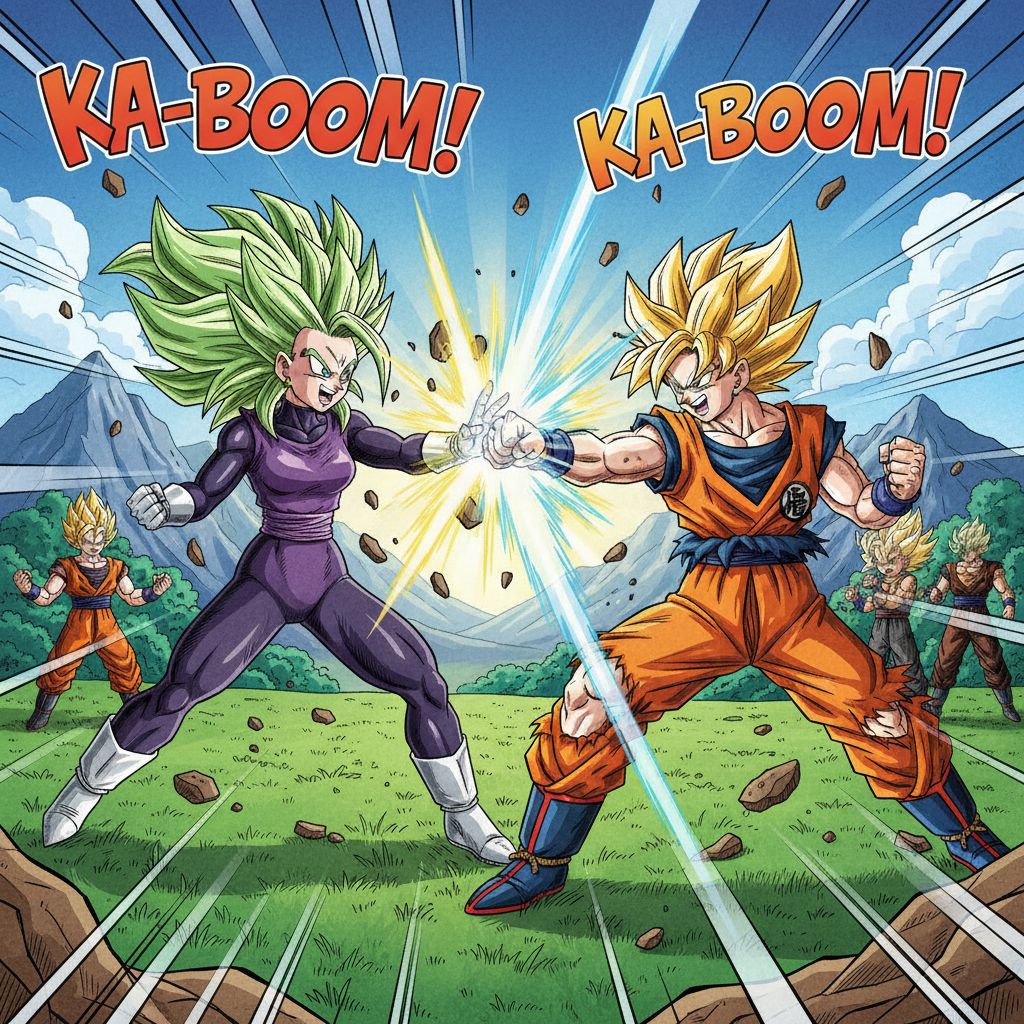 Kefla and Goku sparring in a training field, comic book style.