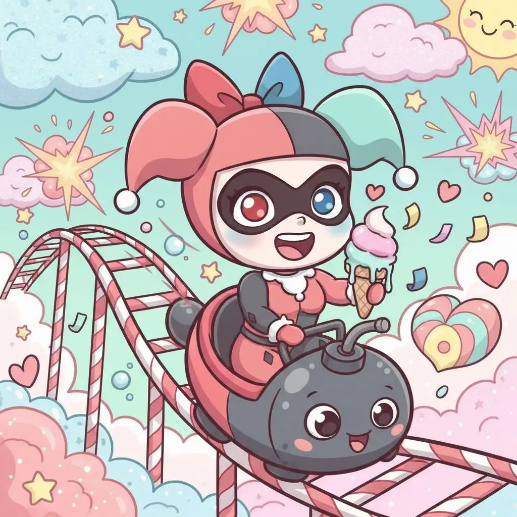 Cute chibi Harley Quinn eating ice cream on a roller coaster, playful fan art.