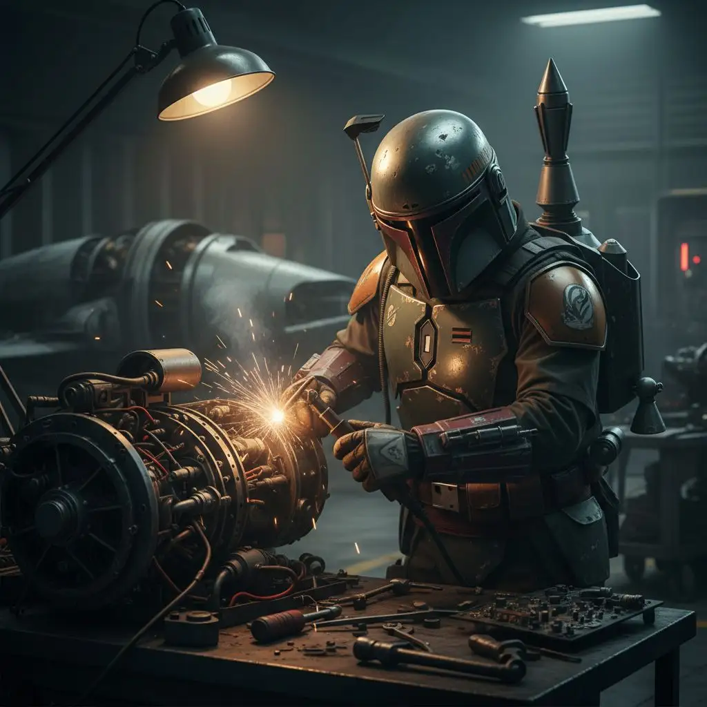 Boba Fett fixing his starship engine in a hangar.