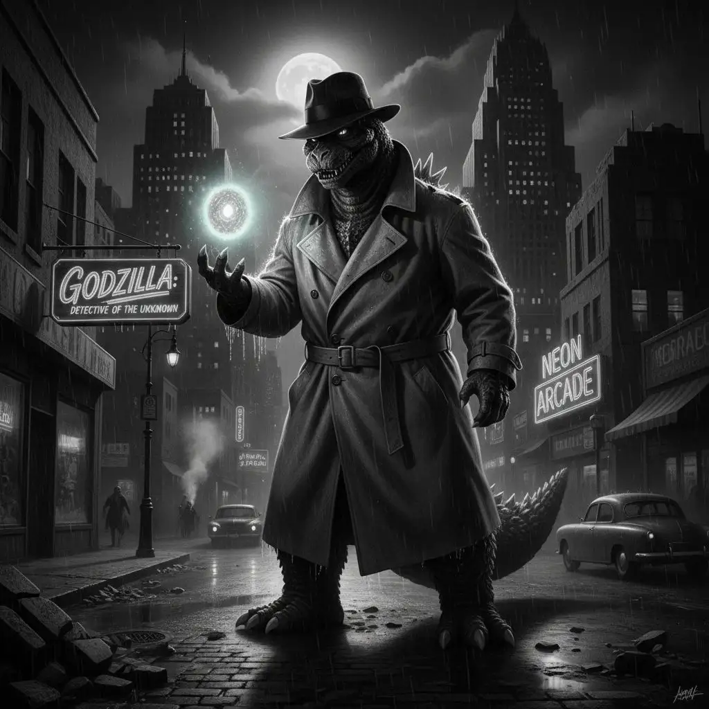 Detective Godzilla investigating a glowing artifact on a rainy city street, noir style.
