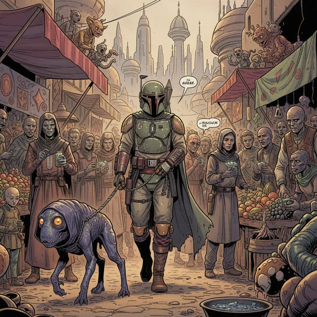 Boba Fett walking an alien pet through a bustling street market.