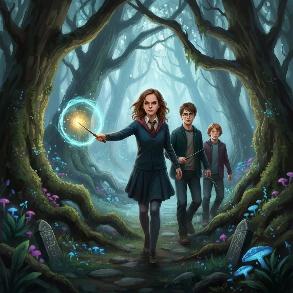 Determined Hermione leading Harry and Ron through an enchanted forest.