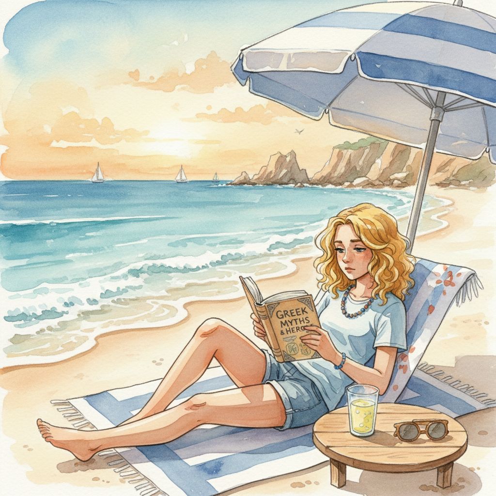 Annabeth Chase reading a mythology book on a peaceful beach, illustrating a relaxed, studious moment.
