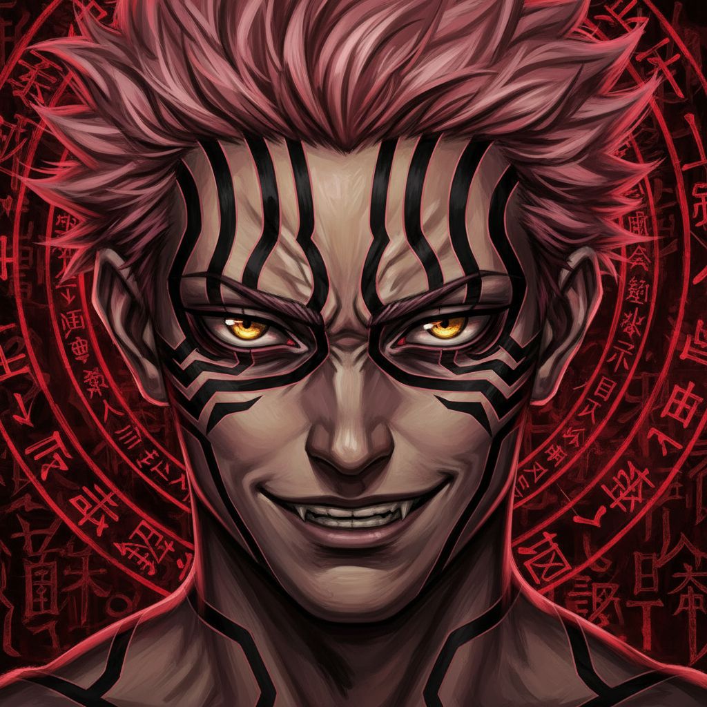 Close-up portrait of Sukuna for wallpaper, cursed marks, subtle smirk, hyper-realistic anime art.