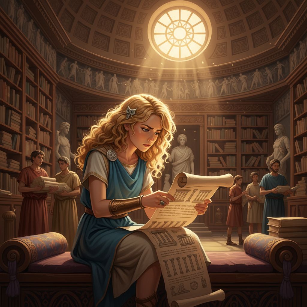 Annabeth Chase reading a scroll in an ancient Greek library, showcasing her intelligence and love for history.
