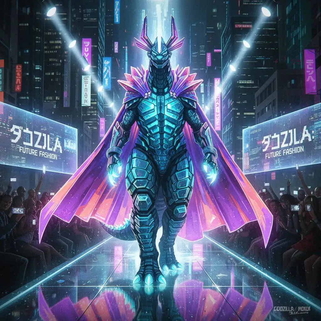 Fashionable Godzilla on a runway with glowing scales and futuristic accessories, cyberpunk style.