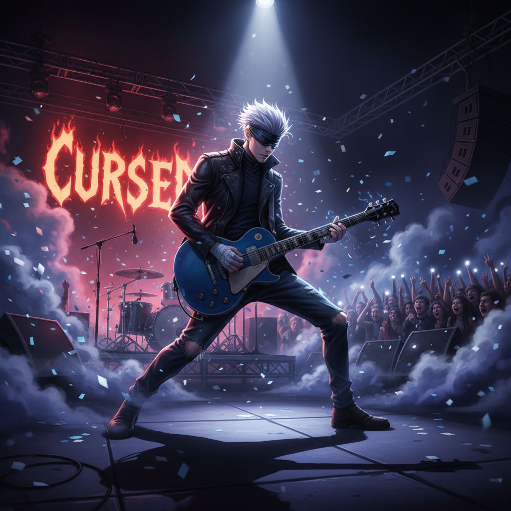 Gojo Satoru playing electric guitar on stage under a spotlight, depicting a dramatic rock concert scene.