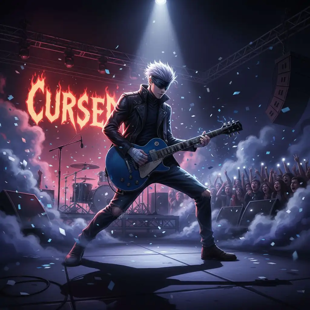 Gojo Satoru playing electric guitar on stage under a spotlight, depicting a dramatic rock concert scene.