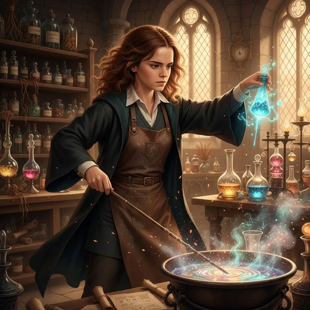 Hermione Granger brewing a complex potion in an ancient, bustling laboratory.