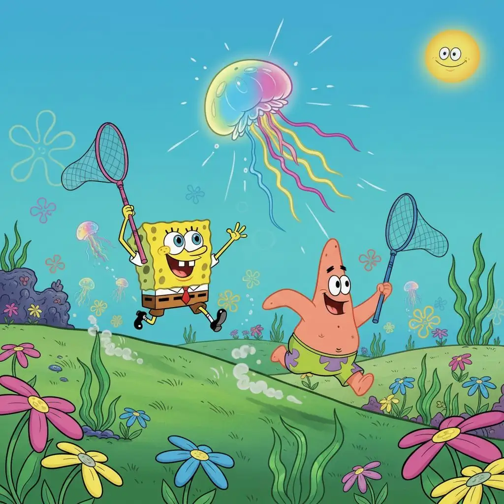 Spongebob and Patrick jellyfishing in Jellyfish Fields.