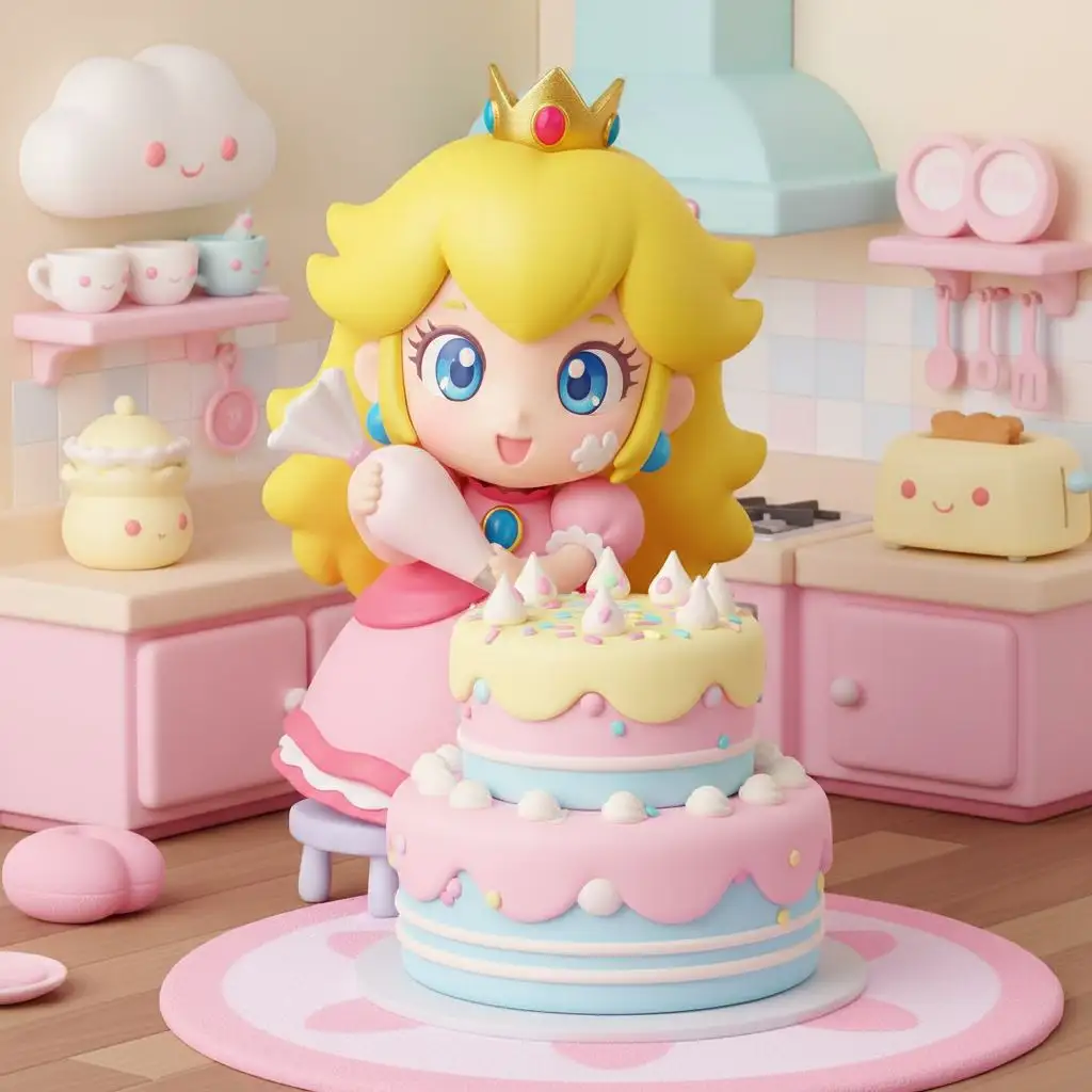 Chibi Princess Peach happily decorating a birthday cake.