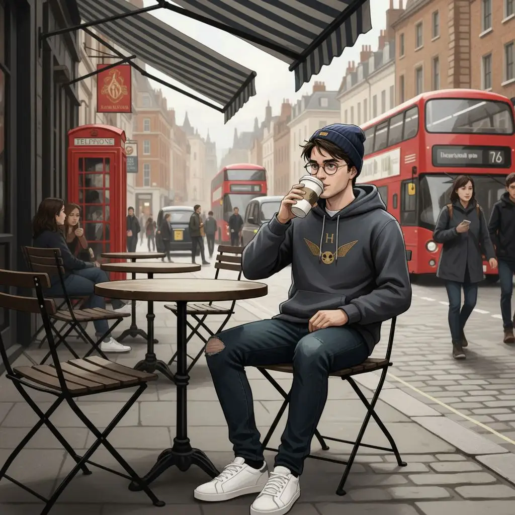 Modern Harry Potter enjoying coffee in London.