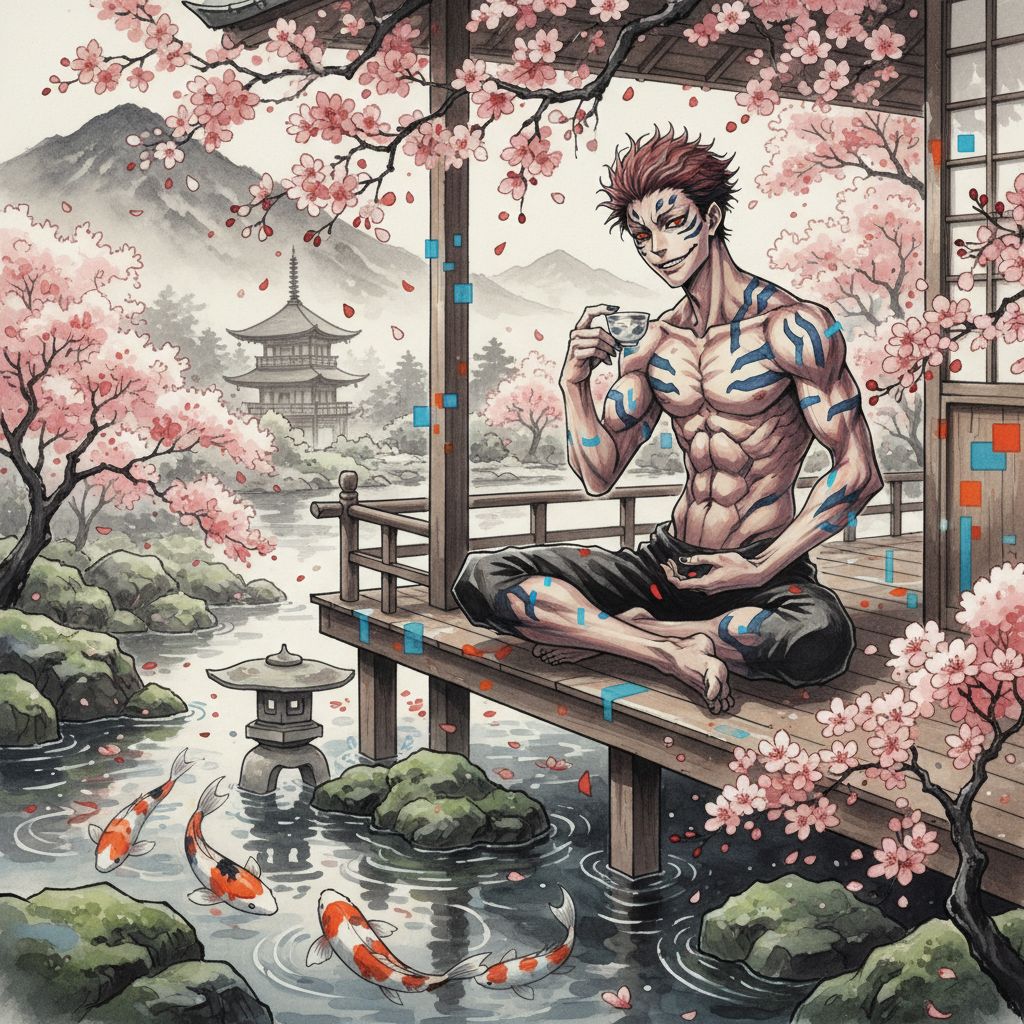 Ryomen Sukuna sipping tea in a serene Japanese garden, sinister smile, ink wash painting style.