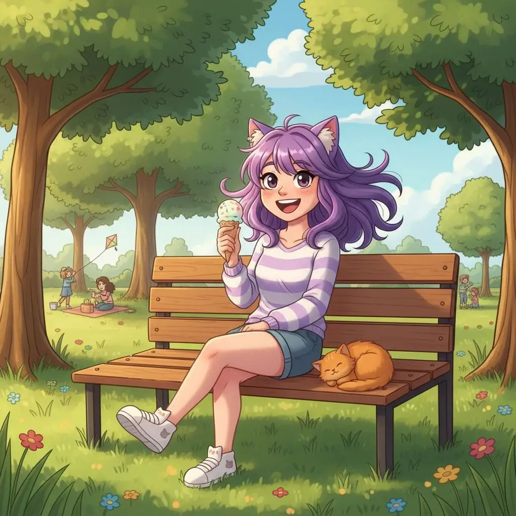Aphmau enjoying a sunny day on a park bench, featuring gentle lighting and a charming cartoonish style.