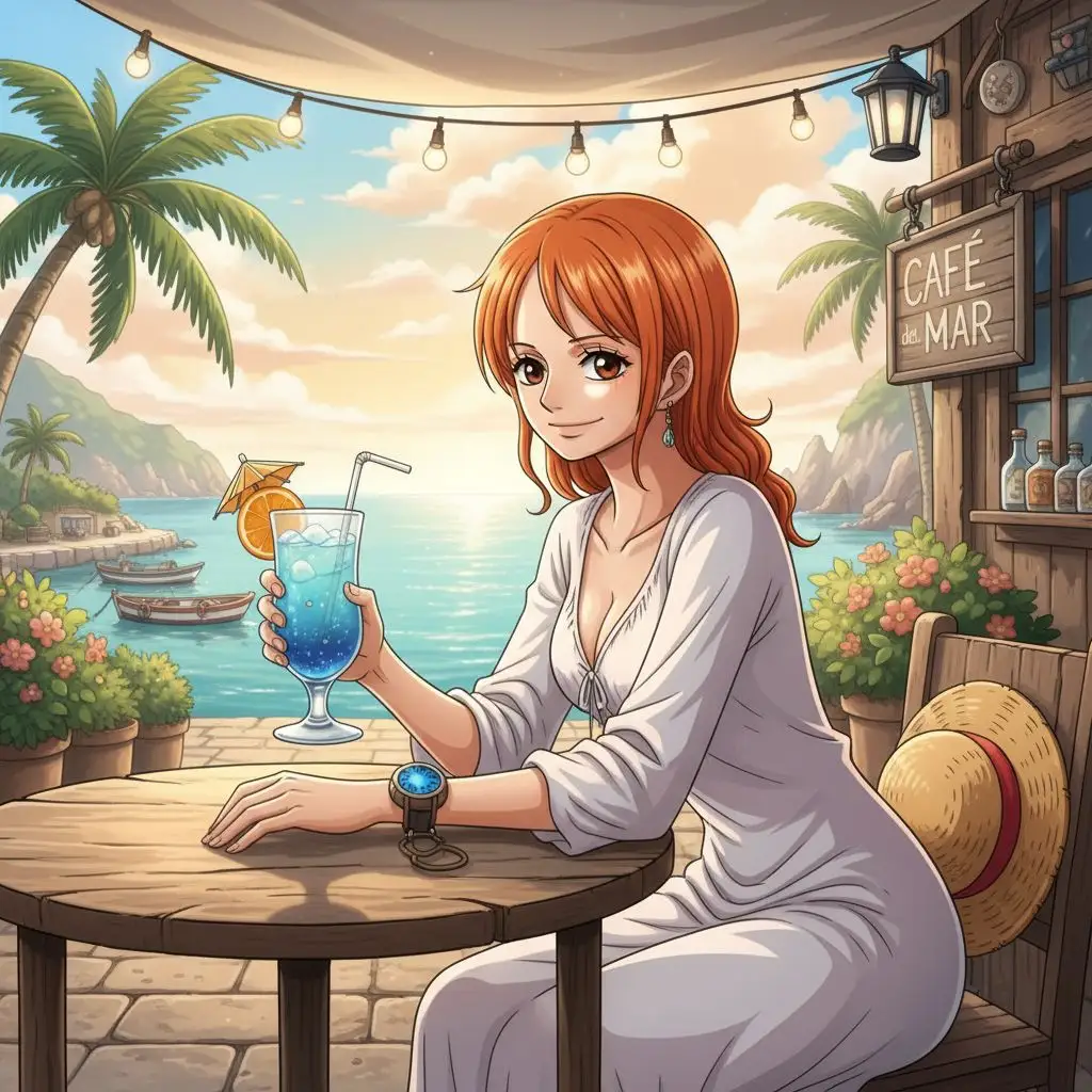 Nami enjoying a cocktail at a beach bar