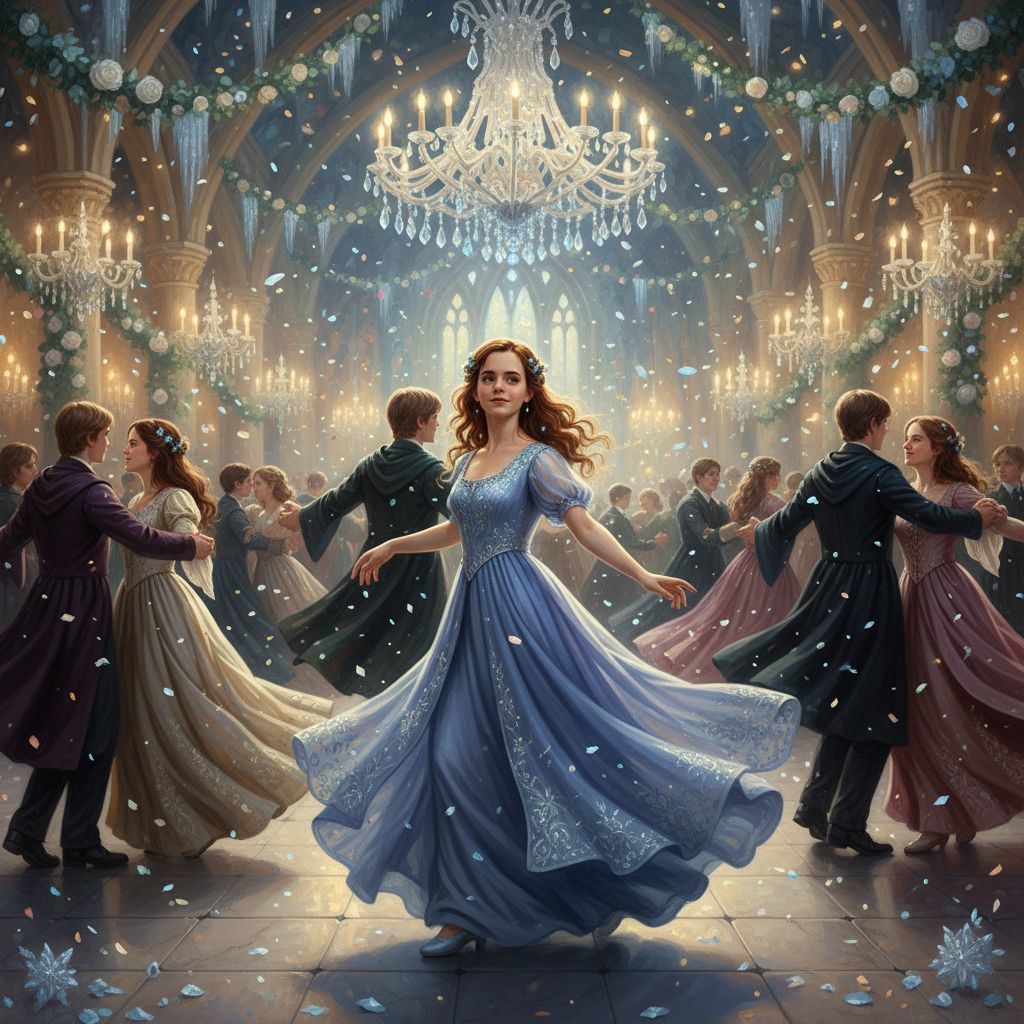 Hermione dancing elegantly at the Yule Ball in a flowing gown.