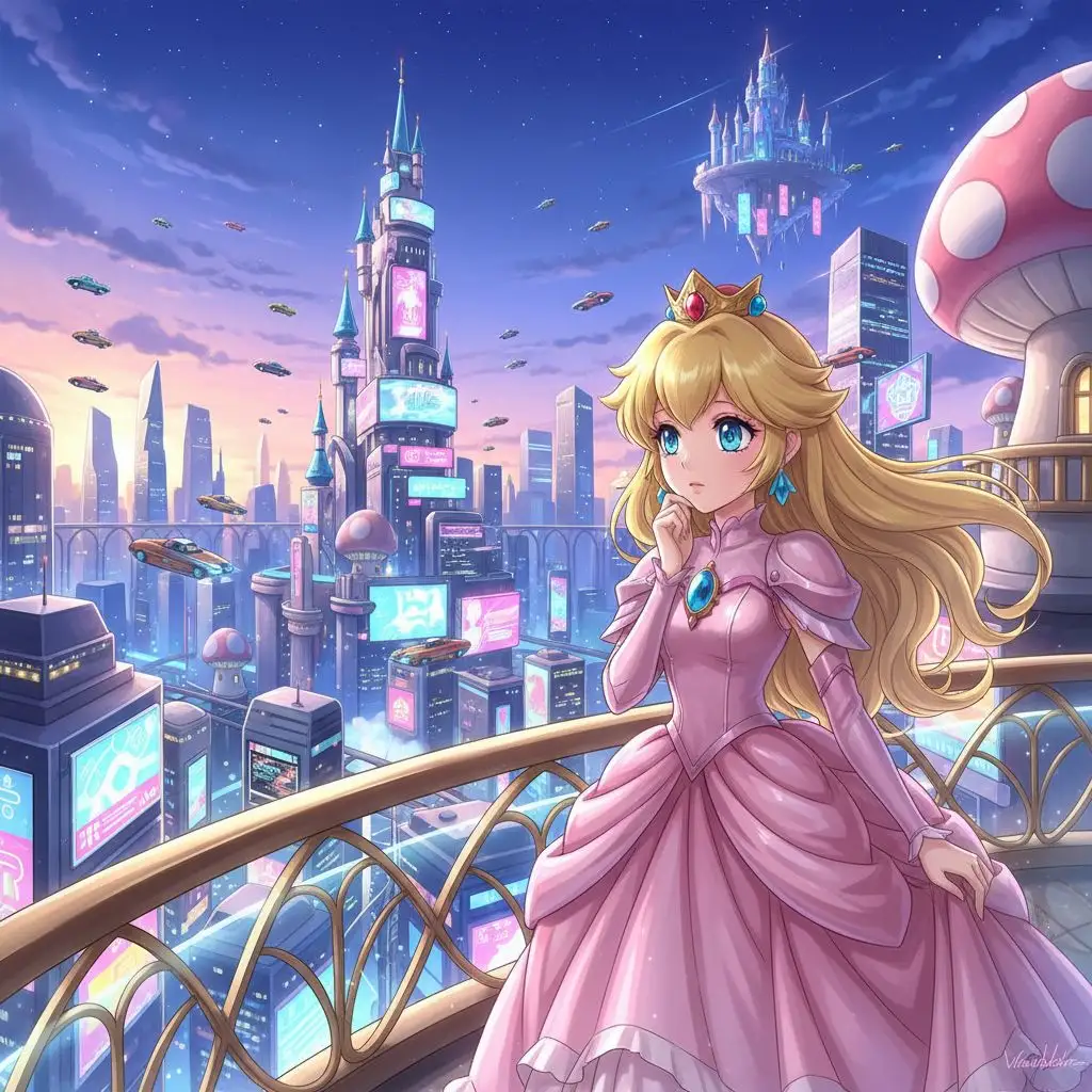 Anime-style Princess Peach looking at a futuristic city from a balcony.
