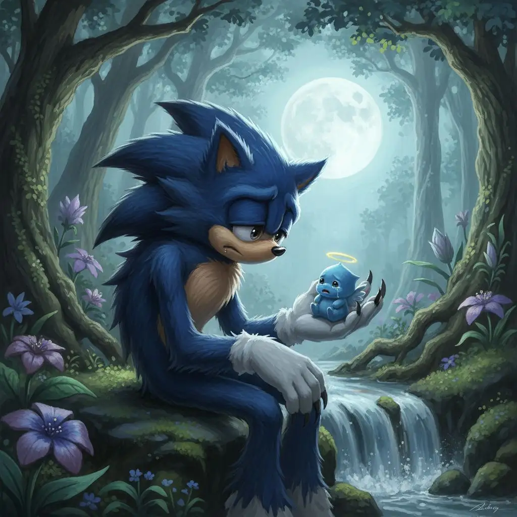 Werehog Sonic cradling a Chao by a moonlit waterfall in a forest, realistic painting.