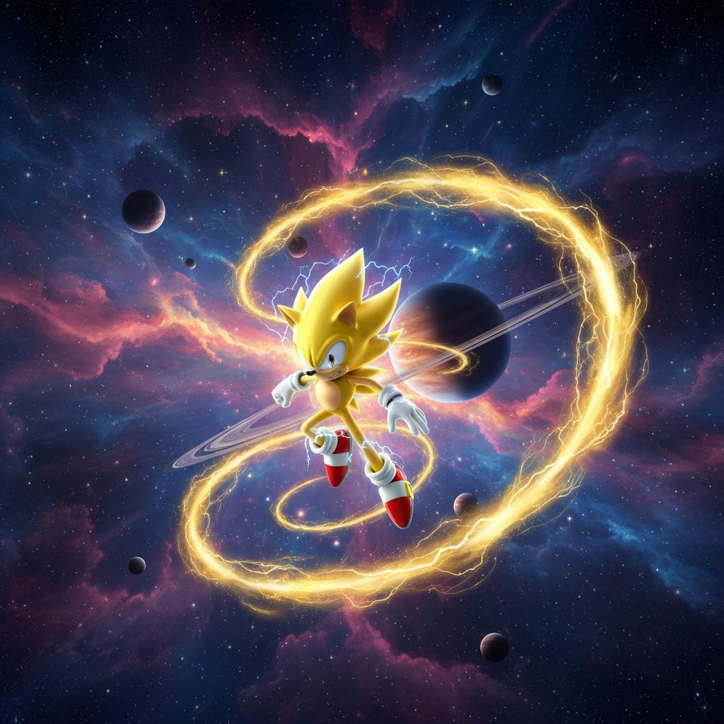 Super Sonic soaring through a cosmic nebula with golden energy trails, epic space opera.