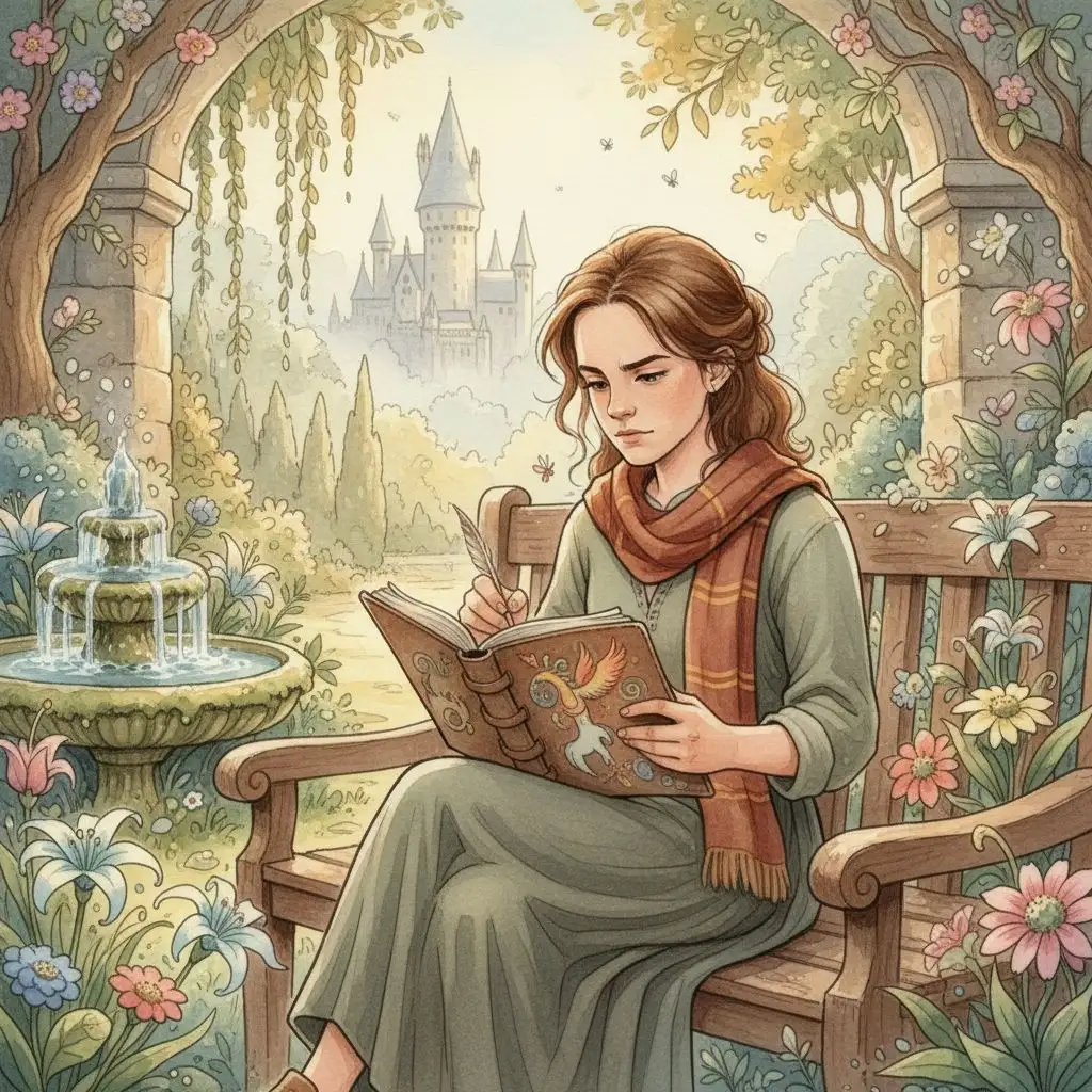 Hermione Granger sketching mythical creatures in a magical garden.