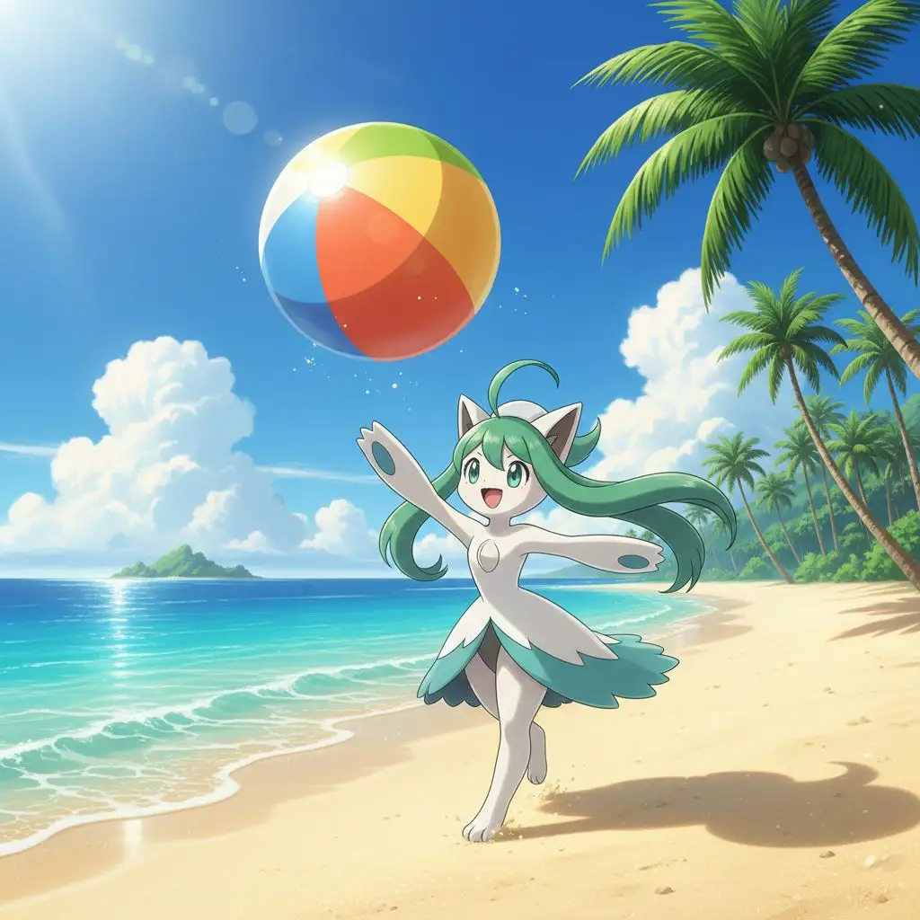 Gardevoir playing with a beach ball on a tropical beach, happy Gardevoir fan art.