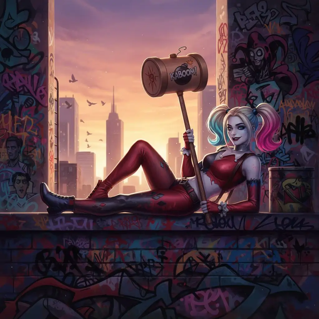 Harley Quinn on a graffiti rooftop at sunset with a hammer, vibrant fan art.