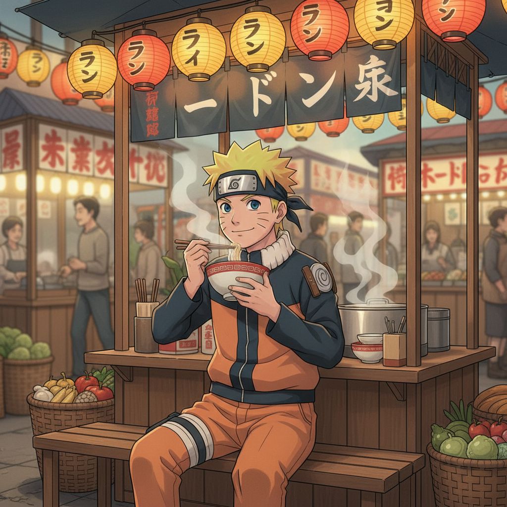 Naruto enjoying ramen at an outdoor market stall.