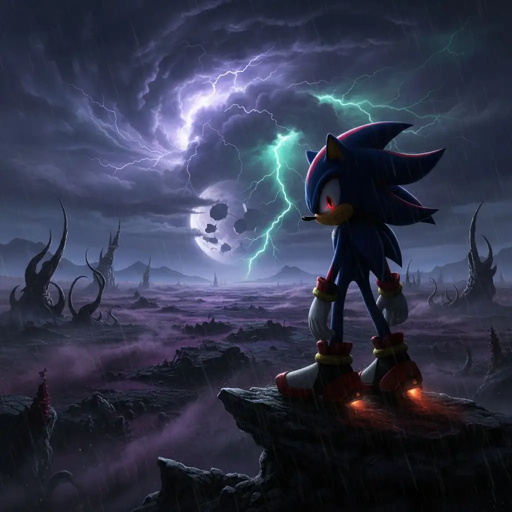 Edgy Shadow the Hedgehog on an alien landscape, dramatic and cool.