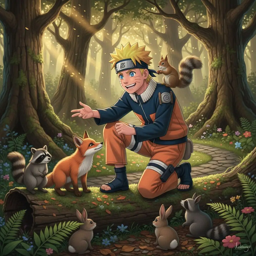 Naruto interacting with forest creatures.