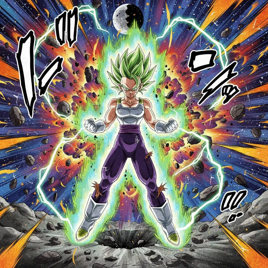 Kefla powering up with glowing ki energy, manga style.