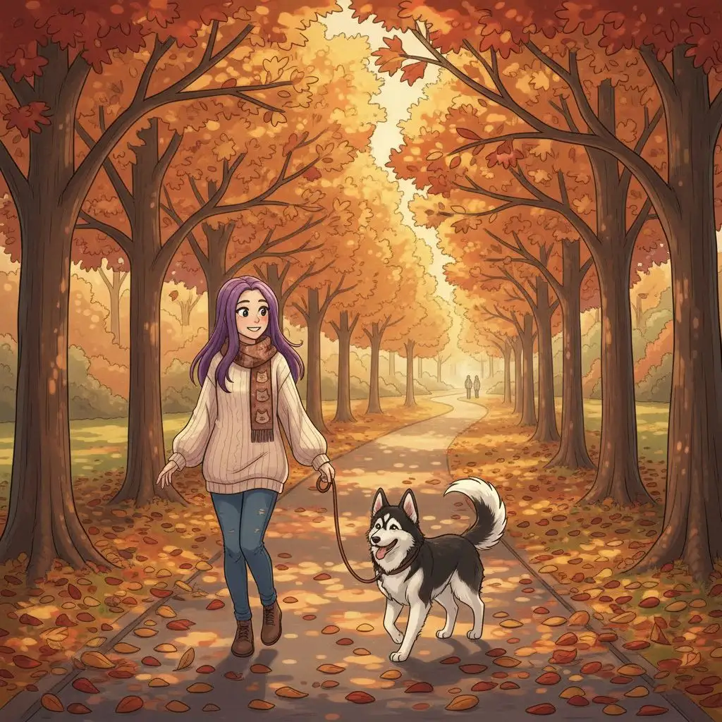 Aphmau walking her dog in an autumn park, a peaceful suburban scene in a warm, comforting illustrative style.