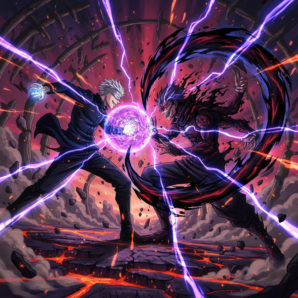 Gojo vs Sukuna in domain expansion, intense battle, lightning and energy, action anime style.