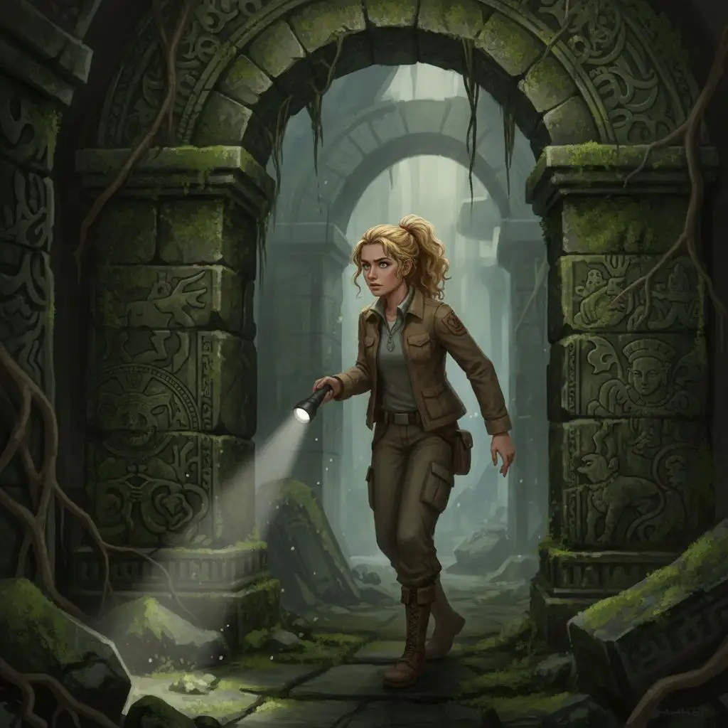 Annabeth Chase exploring ancient ruins, capturing her adventurous spirit and curiosity.