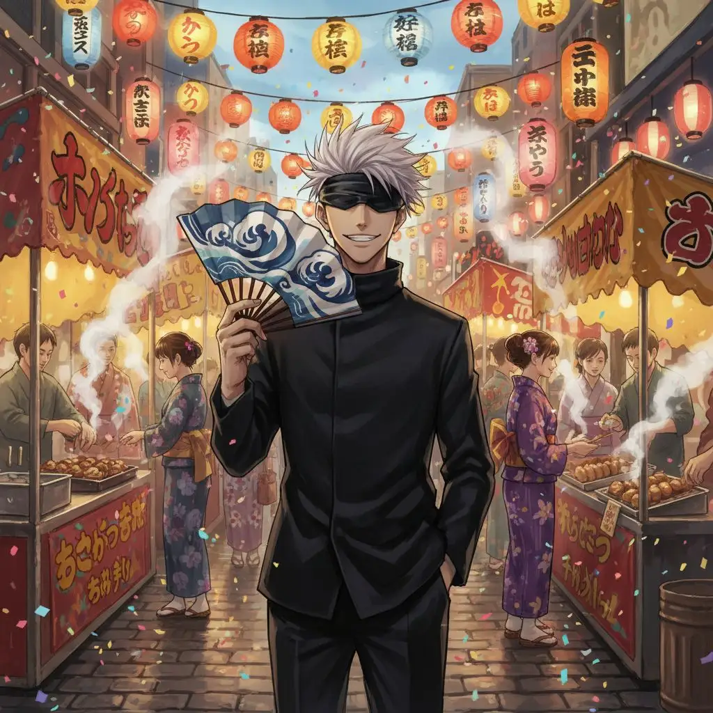 Gojo Satoru smiling at a street festival with lanterns, capturing a lively cultural event in manga art.