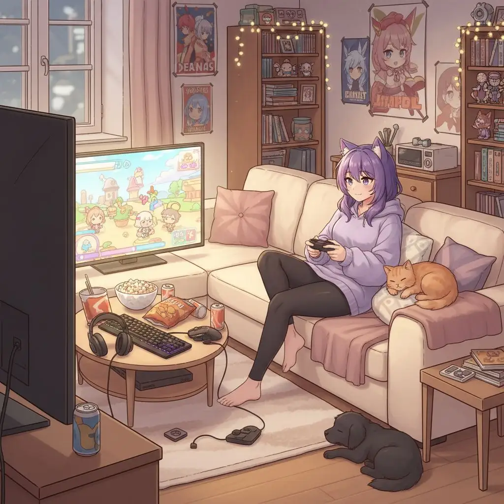 Aphmau playing video games on a couch, a relaxed, slice-of-life anime scene with warm ambient lighting.