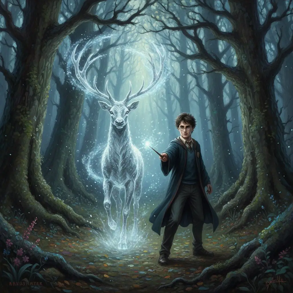Harry Potter casting his stag Patronus in the Forbidden Forest.