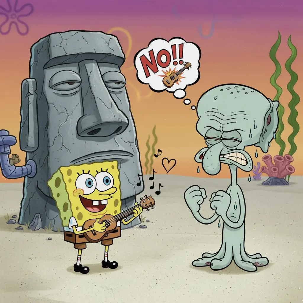 Spongebob serenading an annoyed Squidward with a ukulele.