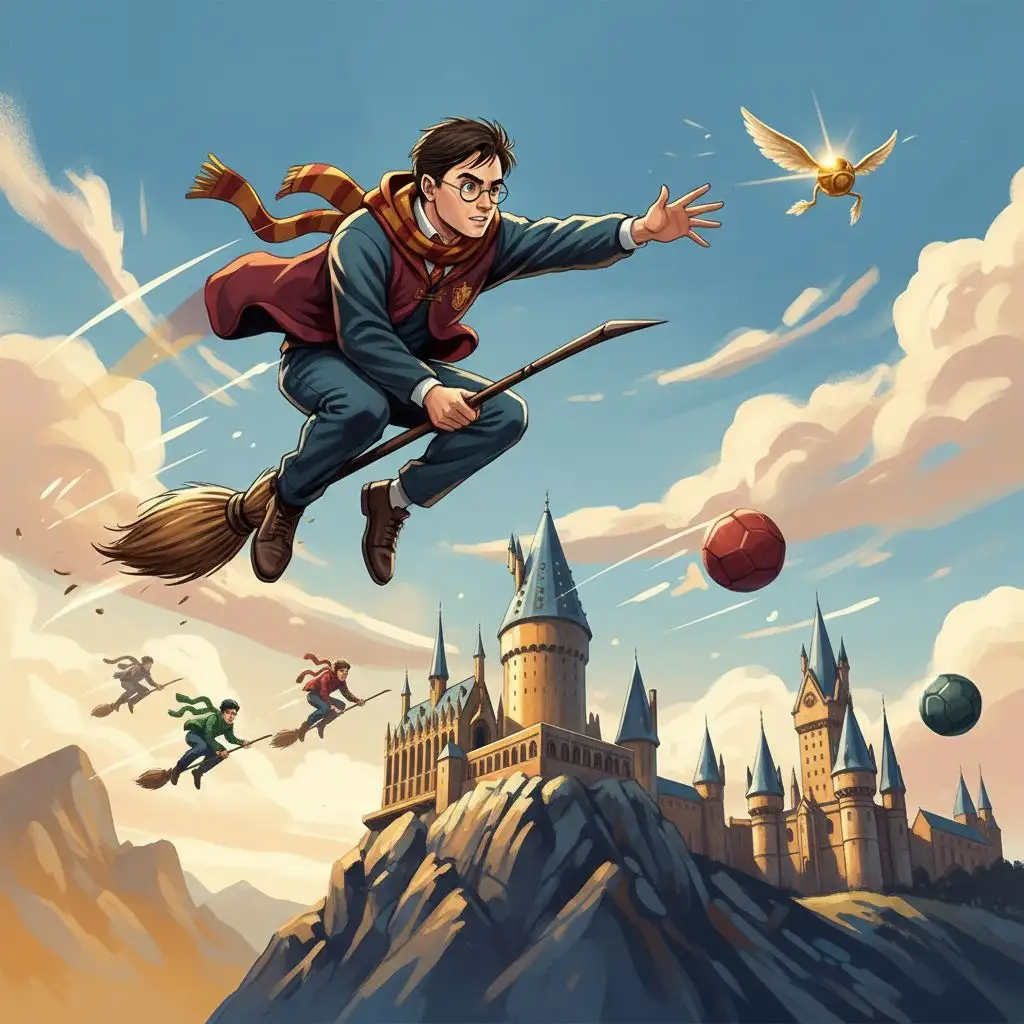 Harry Potter flying on his broomstick during a Quidditch match.