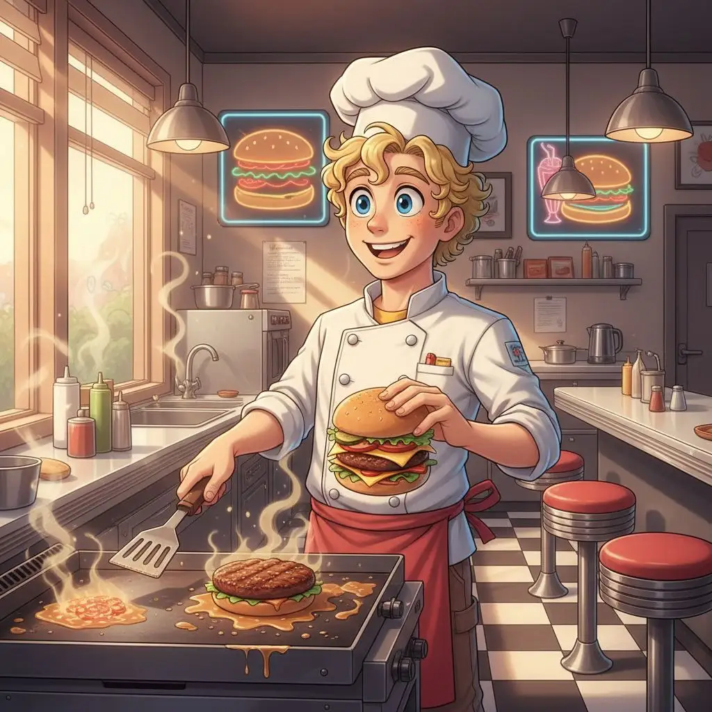 Human Spongebob as a diner cook preparing a burger.
