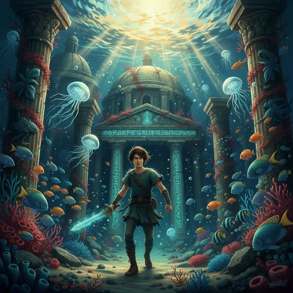 Percy Jackson exploring ancient underwater ruins, surrounded by fish.
